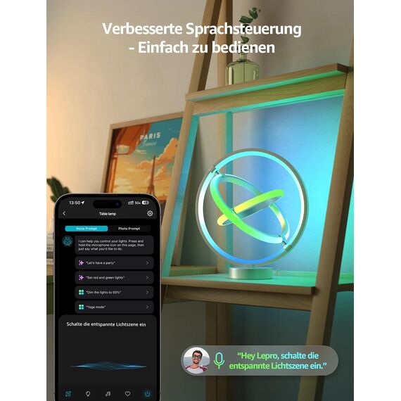 Lepro AI Smart Tischlampe TB1, Personalisierter KI-Lichtdesigner, Musik Sync/APP Sprachsteuerung Tischleuchte, Table Lampe Dimmbar, RGB+IC-Technologie, Kompatibel mit Alexa/Google, Keine Fernbedienung
