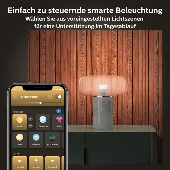 Philips Hue White Starter Set mit E27 Lampen 2er Set (1.055 lm), Smart Button+ Hue Bridge, LED Lampen mit warmweißem Licht über Hue Lichtsystem per Sprache und App steuerbar