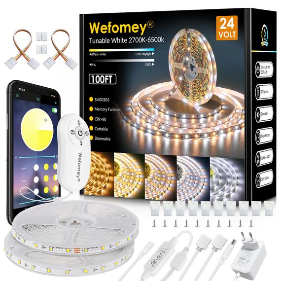 LED Strip Warmweiss 30m, 24V Dimmbar LED Streifen 2700K-6500K Warmweiß Kaltweiß, DIY Flexibel Lichtleiste mit App-Steuerung, RF Fernbedienung, Netzteil, für Schlafzimmer, Party, Innen Heim Deko