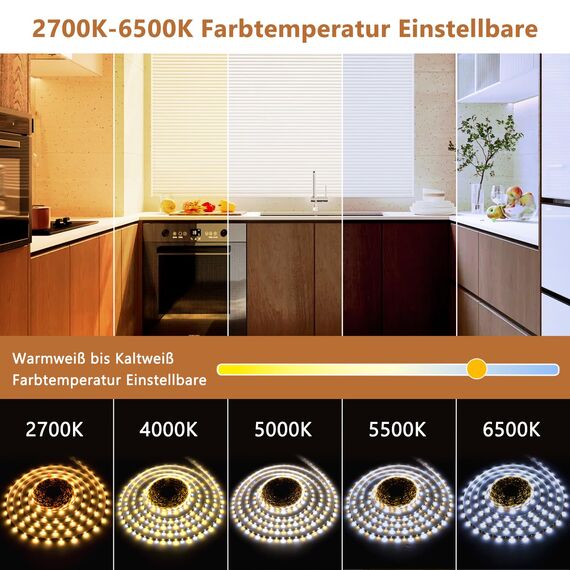 LED Strip 40M Set Dimmbar, APP Steuerung, Warmweiß bis Kaltweiß LED Streifen 24V Selbstklebend mit Netzteil Fernbedienung, Flexibel DIY LED Band 2700K-6500K, led Lichtband für Innen Küche Zimmer Deko
