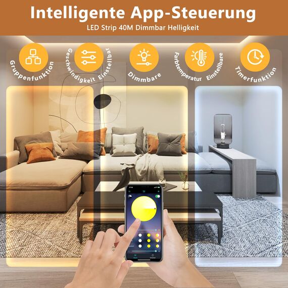 LED Strip 40M Set Dimmbar, APP Steuerung, Warmweiß bis Kaltweiß LED Streifen 24V Selbstklebend mit Netzteil Fernbedienung, Flexibel DIY LED Band 2700K-6500K, led Lichtband für Innen Küche Zimmer Deko