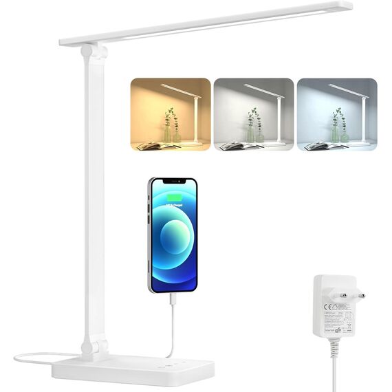 Lepro LED Schreibtischlampe 15W, Dimmbar Tischleuchte 655LM mit 3 Farbmodi & 5 Helligkeitsstufen, USB-Anschluss, Augenschutz Leselampe für Büro, Arbeitszimmer, Nachttisch & Lesen, Weiß