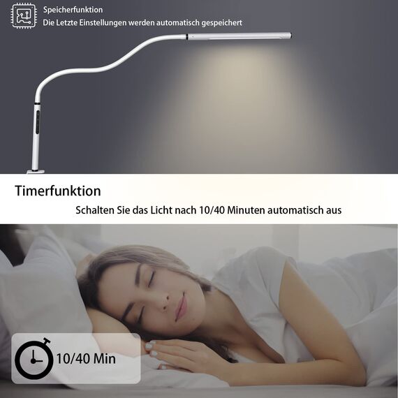 EYOCEAN LED Augenschutz Schreibtischlampe, Schwanenhals Klemmleuchte, Einstellbare Dimmen & Farbtemperaturen, Büro Tischlampe, Klemmlampe mit Speicherfunktion und Timerfunktion, 12W, Weiß
