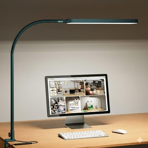 SKYLEO Schreibtischlampe LED – Schreibtisch Lampe Flexibler Schwanenhals – 5 Farbmodi x 11 Helligkeitsstufen – 1300LM – Timmer und Speicherfunktion – 12W Desk Lamp – Grün