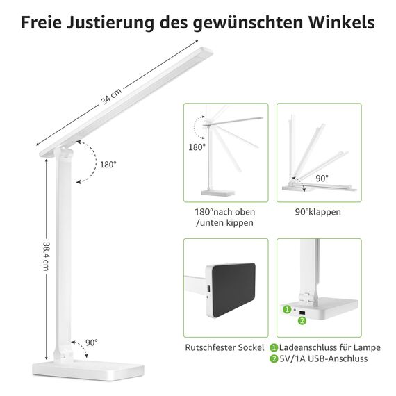 Lepro LED Schreibtischlampe 15W, Dimmbar Tischleuchte 655LM mit 3 Farbmodi & 5 Helligkeitsstufen, USB-Anschluss, Augenschutz Leselampe für Büro, Arbeitszimmer, Nachttisch & Lesen, Weiß