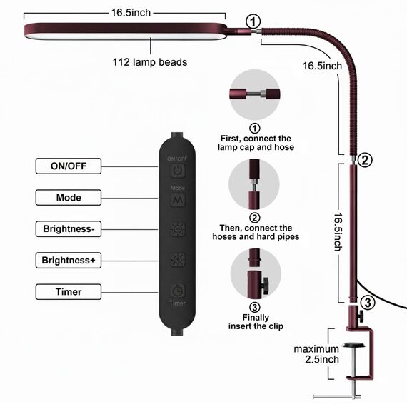 SKYLEO Schreibtischlampe LED – Schreibtisch Lampe Flexibler Schwanenhals – 5 Farbmodi x 11 Helligkeitsstufen – 1300LM – Timmer und Speicherfunktion – 12W Desk Lamp – Rot