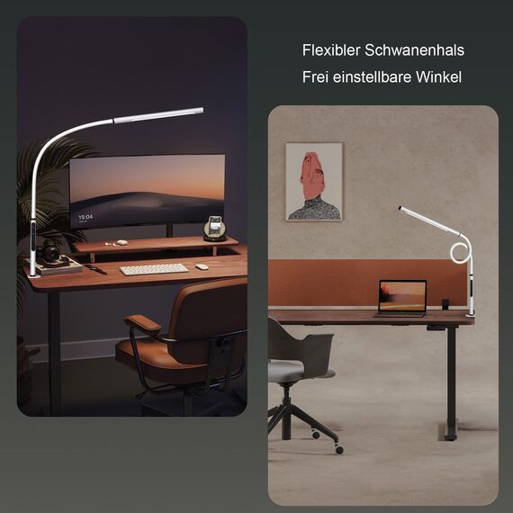 EYOCEAN LED Augenschutz Schreibtischlampe, Schwanenhals Klemmleuchte, Einstellbare Dimmen & Farbtemperaturen, Büro Tischlampe, Klemmlampe mit Speicherfunktion und Timerfunktion, 12W, Weiß