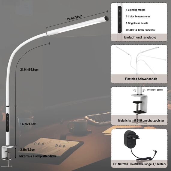 EYOCEAN LED Augenschutz Schreibtischlampe, Schwanenhals Klemmleuchte, Einstellbare Dimmen & Farbtemperaturen, Büro Tischlampe, Klemmlampe mit Speicherfunktion und Timerfunktion, 12W, Weiß