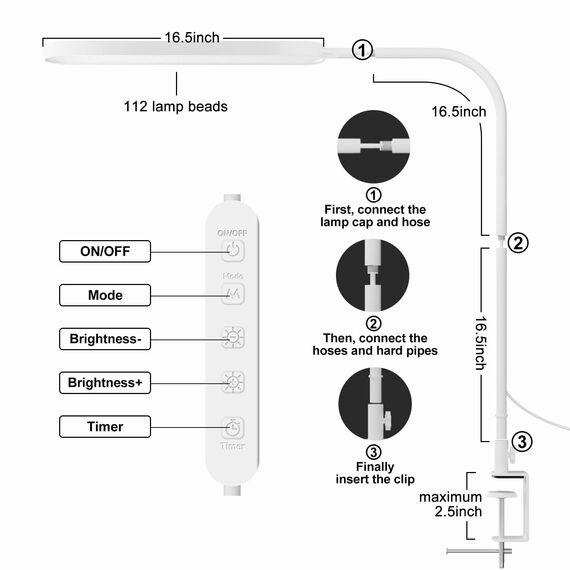 SKYLEO Schreibtischlampe LED Dimmbar - Schreibtischlampe klemmbar 1300LM – Flexibler Schwanenhals - 5 Farbmodi X 11 Helligkeitsstufen -Timmer & Memory - 12W Bürolampe Schreibtisch – Weiß