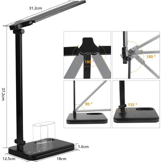 iVict Dual Swing Arm LED Schreibtischlampe, 5-Modi Touch Control Helligkeitsstufen Schreibtischlicht mit 45-Minuten Auto-Off Timer, USB-Ladeanschluss, Speicherfunktion, Schreibtischlampen für Kinder