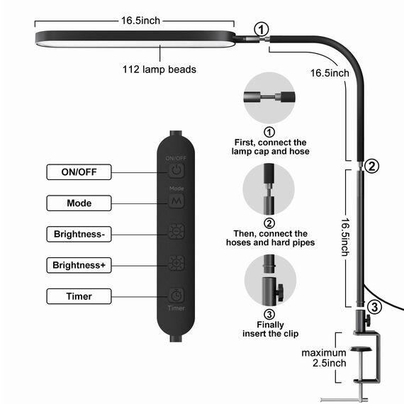 SKYLEO Schreibtischlampe LED – Schreibtischlampe klemmbar 1300LM – Flexibler Schwanenhals – 5 Farbmodi x 11 Helligkeitsstufen – Timmer und Speicherfunktion – 12W Desk Lamp – Schwarz
