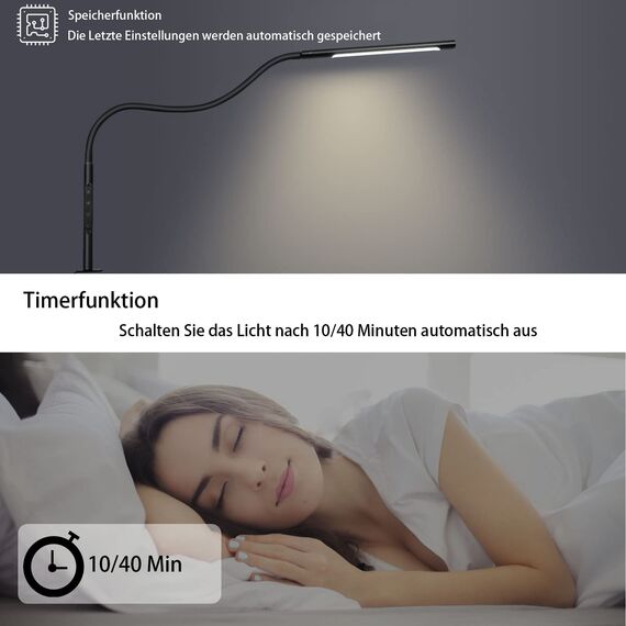 EYOCEAN LED Schreibtischlampe, Augenschutz Klemmleuchte, Klemmlampe Einstellbare Dimmen & Farbtemperaturen, Büro Tischlampe, Klemmlampe mit Speicherfunktion und Timerfunktion, 12W, Schwarz