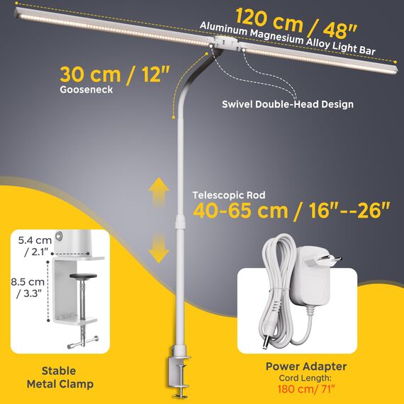 EYOCEAN Schreibtischlampe, Doppelkopf Schreibtischlampe, Teleskopstange mit Einstellbarer Höhe, 30W 120cm Tageslichtlampe Schreibtisch mit Fernbedienung, Dimmbare Monitor Lampe, Büro Tischlampe