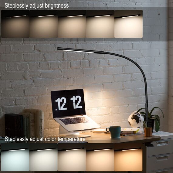 EYOCEAN Schreibtischlampe LED mit Fernbedienung, Verstellbare Schwanenhals Klemmleuchte, Einstellbare Dimmen & Farbtemperaturen, Berührungssteuerung Büro Tischlampe, 12W, Mattschwarz