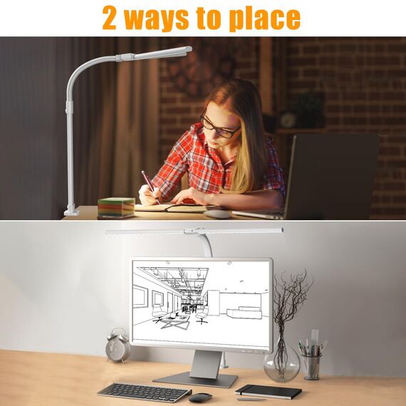 LOTTBUTY Doppelkopf Schreibtischlampe LED dimmbar,24W 80CM klemmbar Homeoffice Tageslichtlampe Schreibtisch Lampe, Schwanenhals Büro Tischlampe, Augenschutz Monitorlampe,5 Farbmodi
