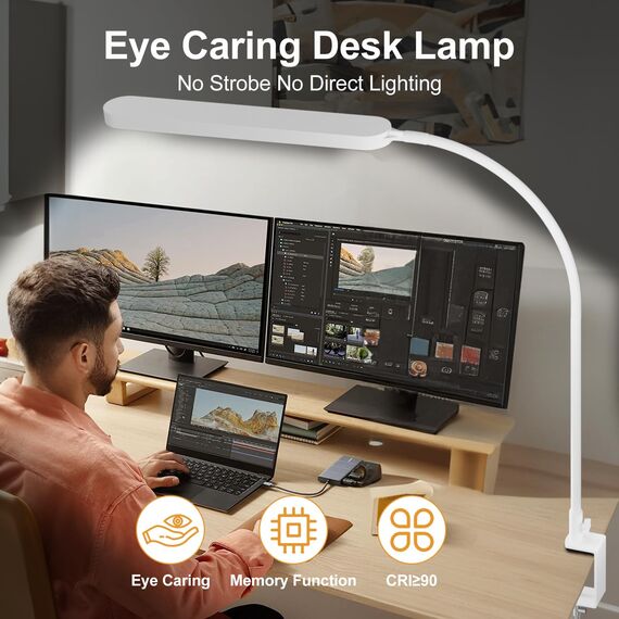 SKYLEO Schreibtischlampe LED Dimmbar - Schreibtischlampe klemmbar 1300LM – Flexibler Schwanenhals - 5 Farbmodi X 11 Helligkeitsstufen -Timmer & Memory - 12W Bürolampe Schreibtisch – Weiß