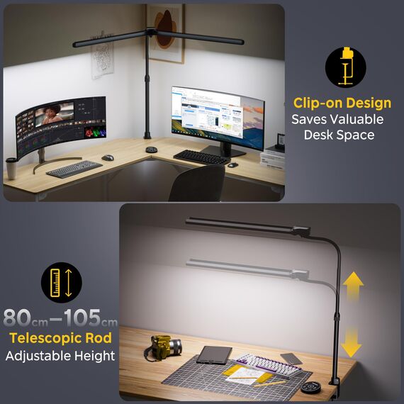 EYOCEAN Schreibtischlampe, Doppelkopf Schreibtischlampe, Teleskopstange mit Einstellbarer Höhe, 30W 120cm Tageslichtlampe Schreibtisch mit Fernbedienung, Dimmbare Monitor Lampe, Büro Tischlampe