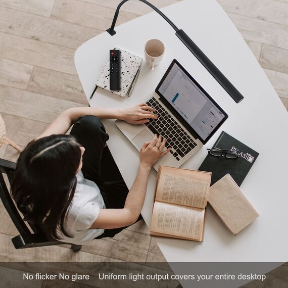 EYOCEAN Schreibtischlampe LED mit Fernbedienung, Verstellbare Schwanenhals Klemmleuchte, Einstellbare Dimmen & Farbtemperaturen, Berührungssteuerung Büro Tischlampe, 12W, Mattschwarz