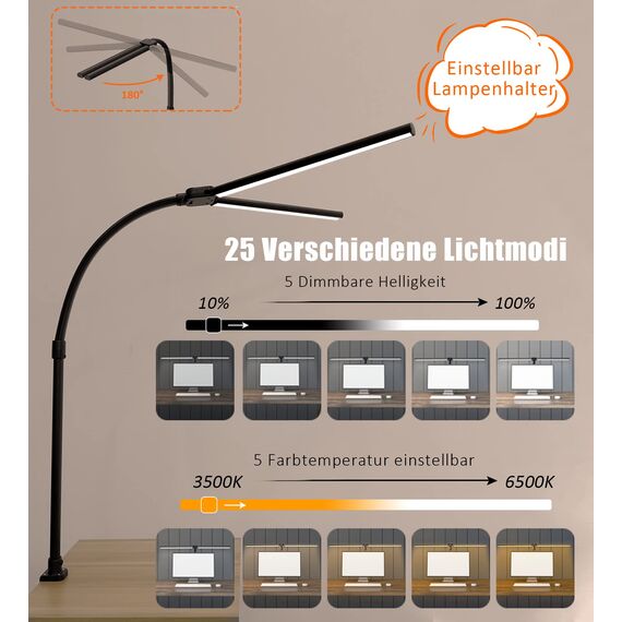 LOTTBUTY Doppelkopf Schreibtischlampe LED dimmbar,24W 80CM Homeoffice Tageslichtlampe Schreibtisch Lampe, Schwanenhals Büro Tischlampe (Schwarz,Klemmbar)
