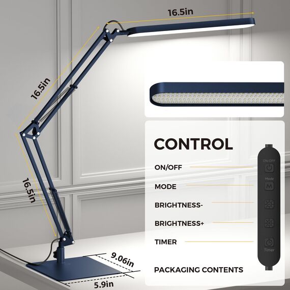 SKYLEO Schreibtischlampe LED - Verstellbare Schwenkarm, Ultradunnem Sockel LED Tischlampe, Dimmbar, Timer, Memory-Funktion, 1300LM, 12 W, Blau