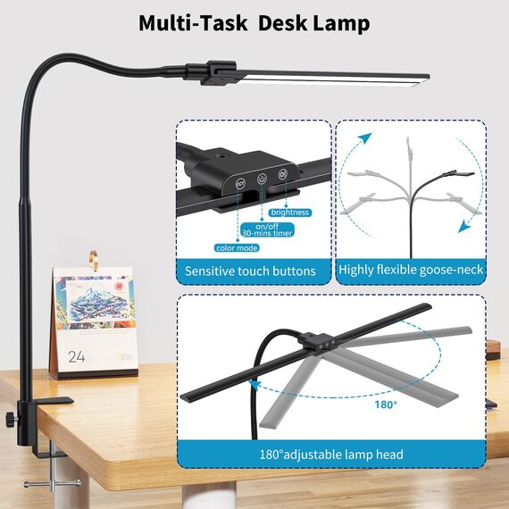 KableRika Doppelkopf Schreibtischlampe LED Dimmbar, helle Schreibtischlampe Klemmbar für Homeoffice, Augenschutz schwanenhals lampe mit 4 Farbmodi & Helligkeit, moderne Büro Tischlampe für Monitor