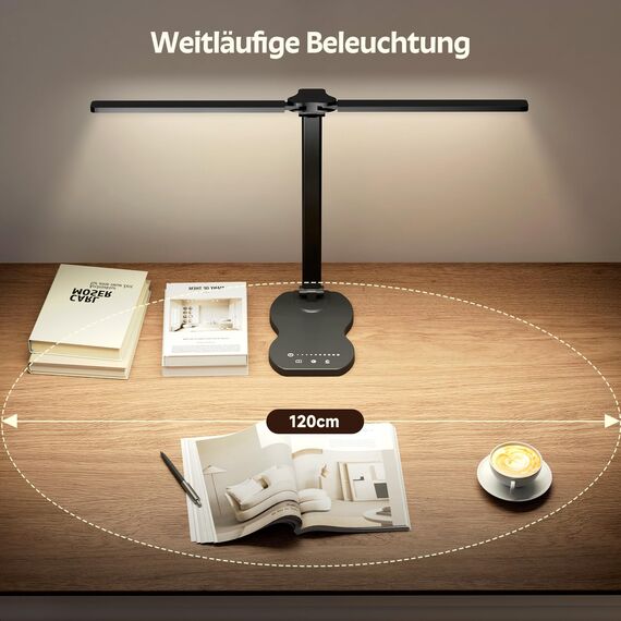 Aisutha Schreibtischlampe led,Double Arm Schreibtischlampe mit 5 Farben＆10 Helligkeitsstufen,Schreibtisch Lampe mit 45min Timer-Off,Touch-Steuerung Led Tischlampe für Studium (Schwarz)