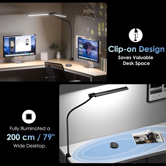 EYOCEAN Schreibtischlampe, Doppelkopf Schreibtischlampe Klemmbar, 24W 80cm Tageslichtlampe Schreibtisch mit Fernbedienung, Dimmbare Monitor Lampe, Büro Tischlampe, Augenschutz Bildschirmlampe