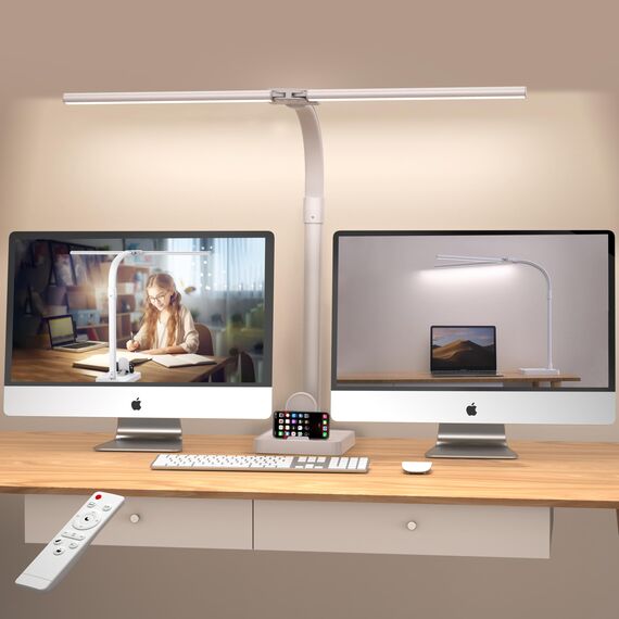 LOTTBUTY Doppelkopf Schreibtischlampe LED dimmbar,24W 80CM Homeoffice Tageslichtlampe Schreibtisch Lampe, Schwanenhals Büro Tischlampe (Weiß,DesktopBasis mit Handyhalterung)