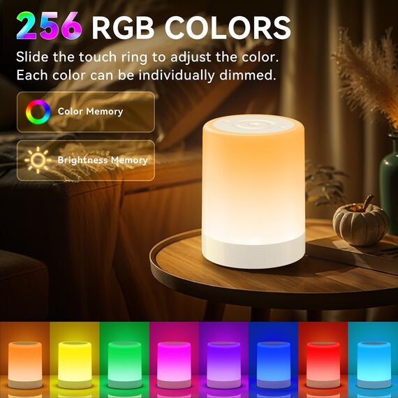 Auxmir Nachttischlampe Nachtlicht Touch Dimmbar, 3000mAh Tischlampe Kabellos USB Aufladbar mit 256 RGB Farben 5 Modi, Timing Funktion, LED Stilllicht Lampe für Kinder Deko Schlafzimmer, Camping, Weiß