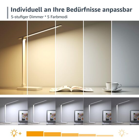 Lepro Schreibtischlampe, LED Tischlampe Dimmbar, Nachttischlampe 800LM 3 Farben und 5 Helligkeitsstufen, Tageslichtlampe Augenschutz, Tischleuchte, Schreibtisch Lampe für Kinder, Büro, Weiß