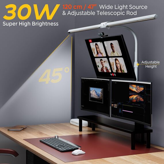EYOCEAN Schreibtischlampe, Doppelkopf Schreibtischlampe, Teleskopstange mit Einstellbarer Höhe, 30W 120cm Tageslichtlampe Schreibtisch mit Fernbedienung, Dimmbare Monitor Lampe, Büro Tischlampe