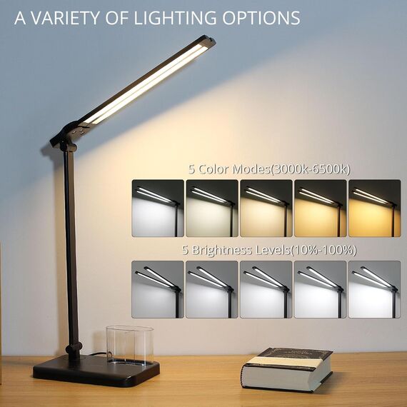iVict Dual Swing Arm LED Schreibtischlampe, 5-Modi Touch Control Helligkeitsstufen Schreibtischlicht mit 45-Minuten Auto-Off Timer, USB-Ladeanschluss, Speicherfunktion, Schreibtischlampen für Kinder