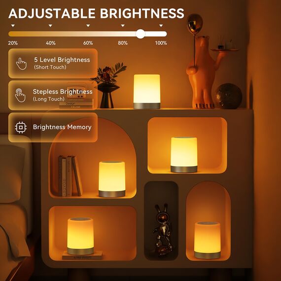 Auxmir Nachttischlampe Nachtlicht Touch Dimmbar, 3000mAh Tischlampe Kabellos USB Aufladbar mit 256 RGB Farben 5 Modi, Timing Funktion, LED Stilllicht Lampe für Kinder Deko Schlafzimmer Camping, Silber