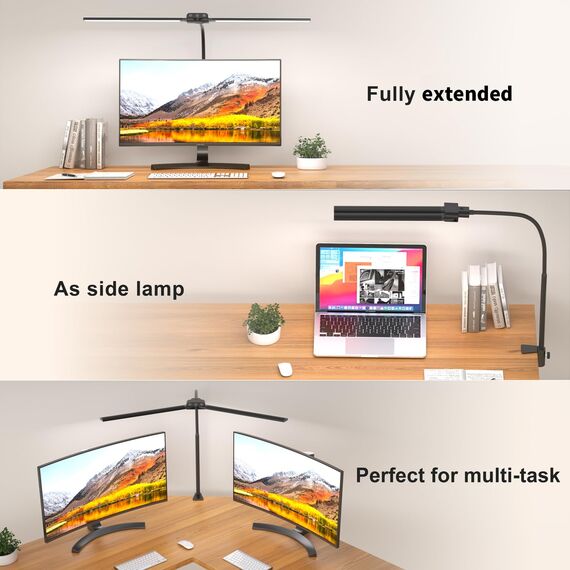 KableRika Doppelkopf Schreibtischlampe LED Dimmbar, helle Schreibtischlampe Klemmbar für Homeoffice, Augenschutz schwanenhals lampe mit 4 Farbmodi & Helligkeit, moderne Büro Tischlampe für Monitor