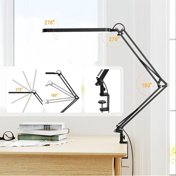SKYLEO Schreibtischlampe LED – Schreibtischlampe klemmbar 1300LM – 5 Farbmodi x 11 Helligkeitsstufen – Verstellbarer Schwenkarm – Timmer und Speicherfunktion – 12W Desk Lamp – Schwarz