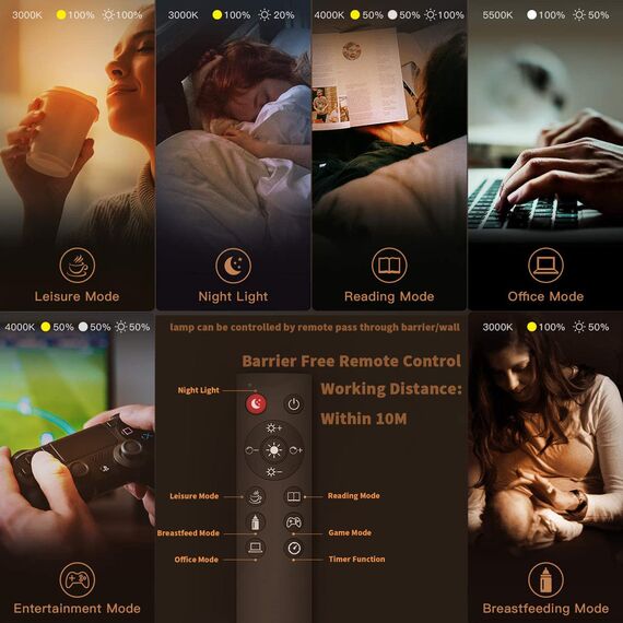 EYOCEAN Schreibtischlampe LED mit Fernbedienung, Verstellbare Schwanenhals Klemmleuchte, Einstellbare Dimmen & Farbtemperaturen, Berührungssteuerung Büro Tischlampe, 12W, Mattschwarz