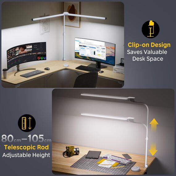 EYOCEAN Schreibtischlampe, Doppelkopf Schreibtischlampe, Teleskopstange mit Einstellbarer Höhe, 30W 120cm Tageslichtlampe Schreibtisch mit Fernbedienung, Dimmbare Monitor Lampe, Büro Tischlampe