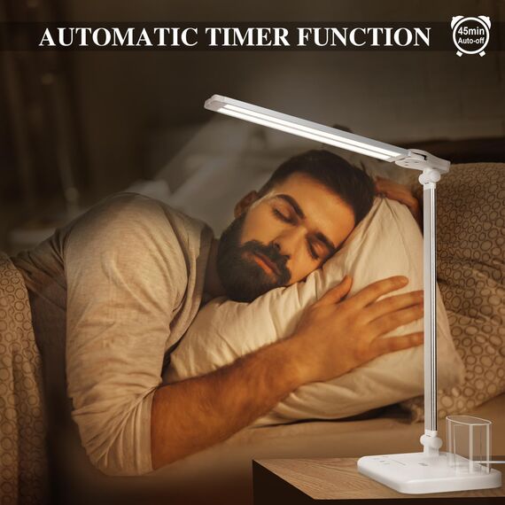 iVict Dual Swing Arm LED Schreibtischlampe, 5-Modi Touch Control Helligkeitsstufen Schreibtischlicht mit 45-Minuten Auto-Off Timer, USB-Ladeanschluss, Speicherfunktion, Schreibtischlampen für Kinder