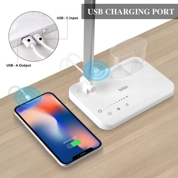 iVict Dual Swing Arm LED Schreibtischlampe, 5-Modi Touch Control Helligkeitsstufen Schreibtischlicht mit 45-Minuten Auto-Off Timer, USB-Ladeanschluss, Speicherfunktion, Schreibtischlampen für Kinder