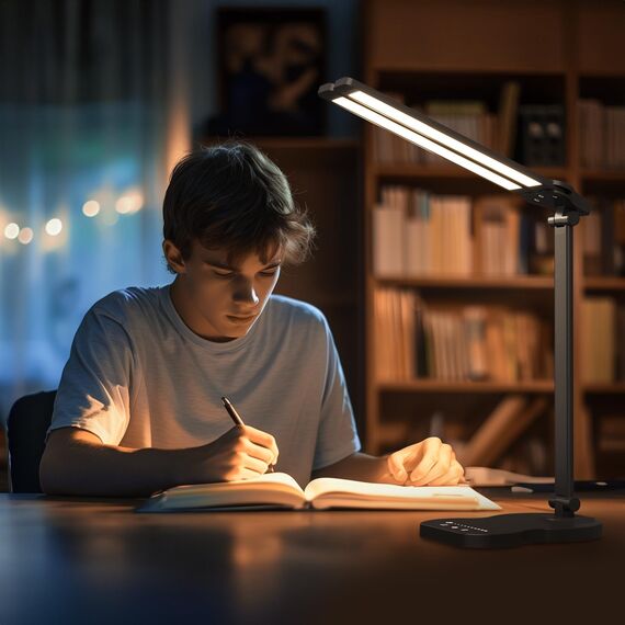 Aisutha Schreibtischlampe led,Double Arm Schreibtischlampe mit 5 Farben＆10 Helligkeitsstufen,Schreibtisch Lampe mit 45min Timer-Off,Touch-Steuerung Led Tischlampe für Studium (Schwarz)