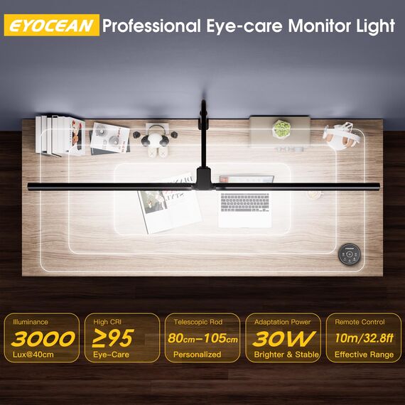 EYOCEAN Schreibtischlampe, Doppelkopf Schreibtischlampe, Teleskopstange mit Einstellbarer Höhe, 30W 120cm Tageslichtlampe Schreibtisch mit Fernbedienung, Dimmbare Monitor Lampe, Büro Tischlampe