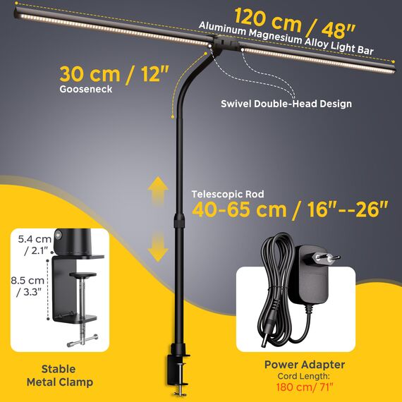 EYOCEAN Schreibtischlampe, Doppelkopf Schreibtischlampe, Teleskopstange mit Einstellbarer Höhe, 30W 120cm Tageslichtlampe Schreibtisch mit Fernbedienung, Dimmbare Monitor Lampe, Büro Tischlampe