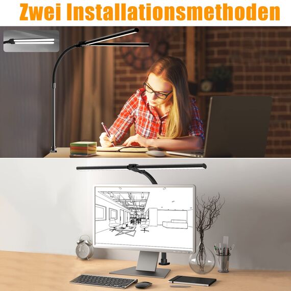 LOTTBUTY Doppelkopf Schreibtischlampe LED dimmbar,24W 80CM Homeoffice Tageslichtlampe Schreibtisch Lampe, Schwanenhals Büro Tischlampe (Schwarz,Klemmbar)