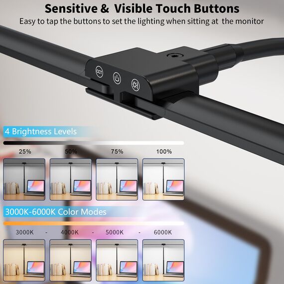 KableRika Doppelkopf Schreibtischlampe LED Dimmbar, helle Schreibtischlampe Klemmbar für Homeoffice, Augenschutz schwanenhals lampe mit 4 Farbmodi & Helligkeit, moderne Büro Tischlampe für Monitor