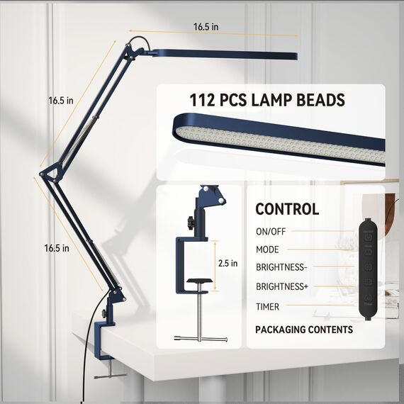 SKYLEO Schreibtischlampe LED – Schreibtisch Lampe – 5 Farbmodi x 11 Helligkeitsstufen – Verstellbarer Schwenkarm – Timmer und Speicherfunktion – 12W Desk Lamp – Blau