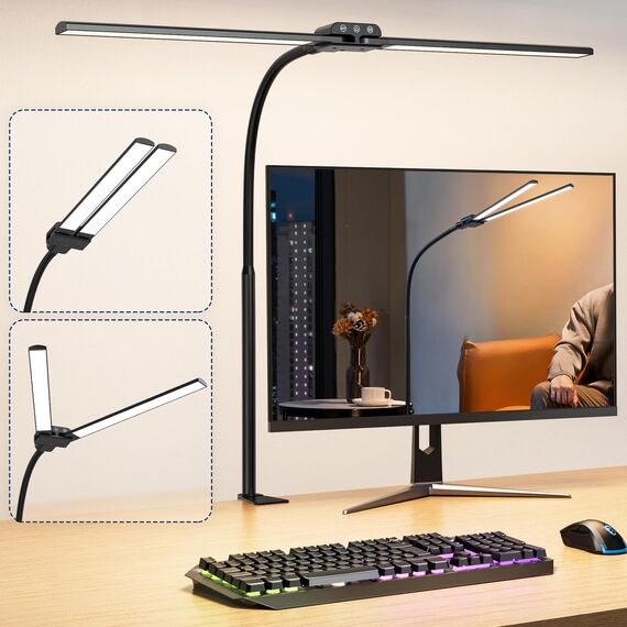 KableRika Doppelkopf Schreibtischlampe LED Dimmbar, helle Schreibtischlampe Klemmbar für Homeoffice, Augenschutz schwanenhals lampe mit 4 Farbmodi & Helligkeit, moderne Büro Tischlampe für Monitor