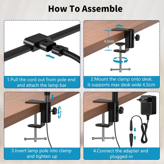 KableRika Doppelkopf Schreibtischlampe LED Dimmbar, helle Schreibtischlampe Klemmbar für Homeoffice, Augenschutz schwanenhals lampe mit 4 Farbmodi & Helligkeit, moderne Büro Tischlampe für Monitor