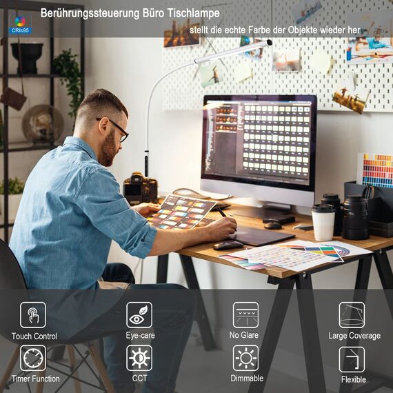 EYOCEAN LED Augenschutz Schreibtischlampe, Schwanenhals Klemmleuchte, Einstellbare Dimmen & Farbtemperaturen, Büro Tischlampe, Klemmlampe mit Speicherfunktion und Timerfunktion, 12W, Weiß