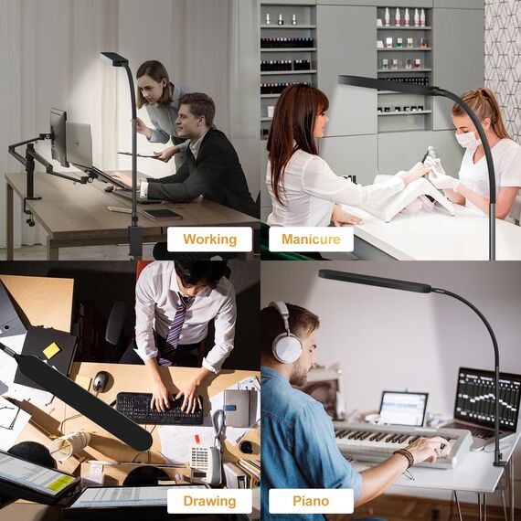 SKYLEO Schreibtischlampe LED – Schreibtischlampe klemmbar 1300LM – Flexibler Schwanenhals – 5 Farbmodi x 11 Helligkeitsstufen – Timmer und Speicherfunktion – 12W Desk Lamp – Schwarz