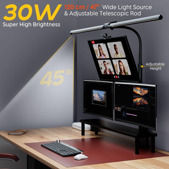 EYOCEAN Schreibtischlampe, Doppelkopf Schreibtischlampe, Teleskopstange mit Einstellbarer Höhe, 30W 120cm Tageslichtlampe Schreibtisch mit Fernbedienung, Dimmbare Monitor Lampe, Büro Tischlampe